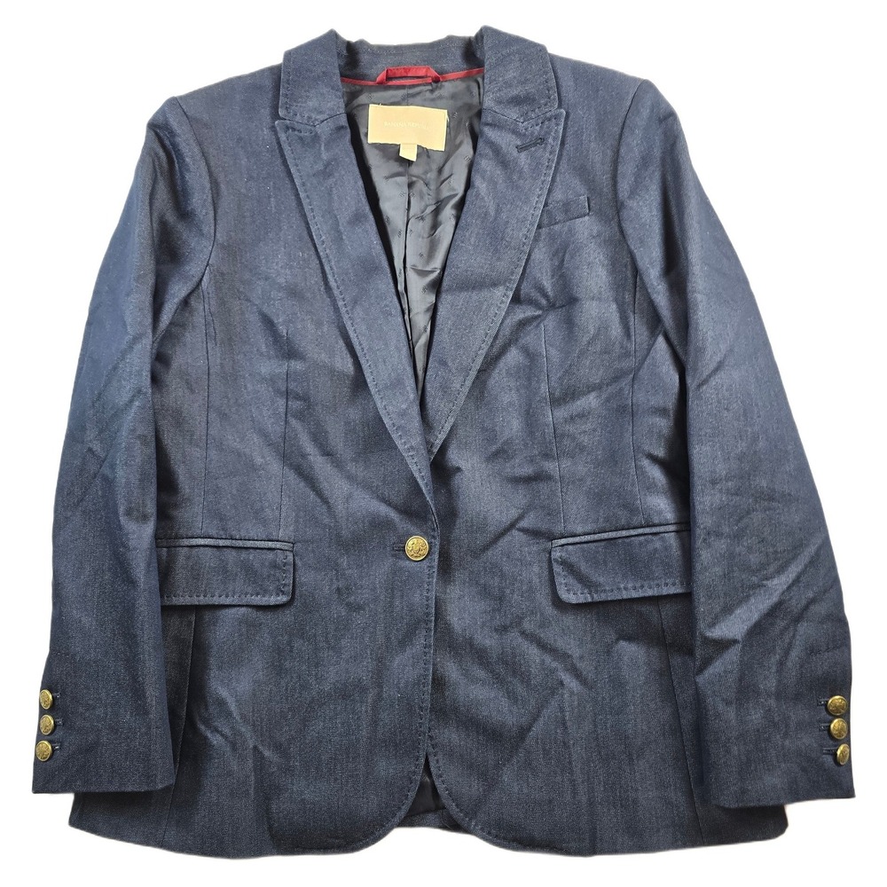Banana Republic Blazer Womens 12P Blue Denim Cotton Gold Metal Buttons Petite